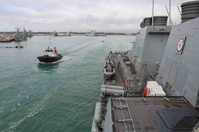 The Arleigh Burke-class guided-missile destroyer USS Ross (DDG 71) leaves port at Naval Station Rota, Spain, to begin its 12th patrol, Dec. 27, 2021. Ross, forward-deployed to Rota, Spain, is on its 12th patrol in the U.S. Sixth Fleet area of operations in support of regional allies and partners and U.S. national security interests in Europe and Africa. (U.S. Navy photo by Mass Communication Specialist 2nd Class Claire DuBois/Released)