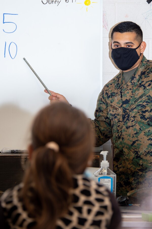 211229-N-YS140-006
Fort Pickett, Va. (Dec. 29, 2021) Lance Cpl. Adrian Moreno, rifleman, Alpha Company, 23rd Marine Regiment from Weslaco, Texas instructs at Lonestar Academy, an educational facility that expands upon the curriculum already offered to Afghan evacuees. The Department of Defense, through U.S. Northern Command, and in support of the Department of Homeland Security, is providing transportation, temporary housing, medical screening, and general support for at least 50,000 Afghan evacuees at suitable facilities, in permanent or temporary structures, as quickly as possible. This initiative provides Afghan personnel essential support at secure locations outside Afghanistan. (U.S. Navy photo by Chief Mass Communication Specialist John Pearl)