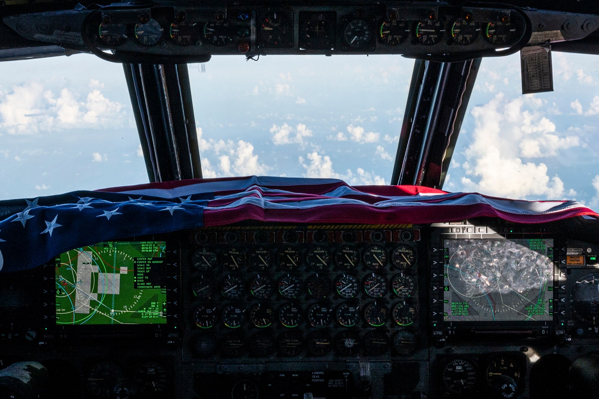 Photo of a U.S. flag in cockpit of a B-52.