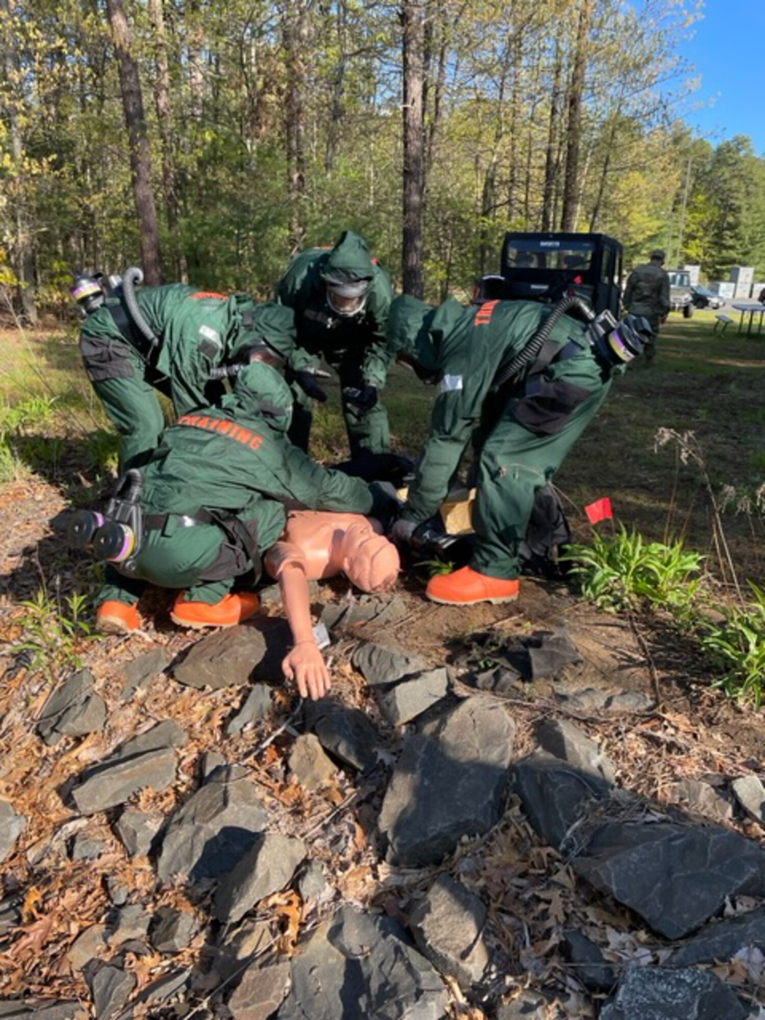 Members of the 104th Force Support Squadron fatality search and recovery team perform training during an exercise May 2021, at Barnes Air National Guard Base, Massachusetts. The FSRT trains to respond to various Chemical, Biological, Radiological, Nuclear, or non-CBRN incidents. (U.S. Air National Guard courtesy photos)