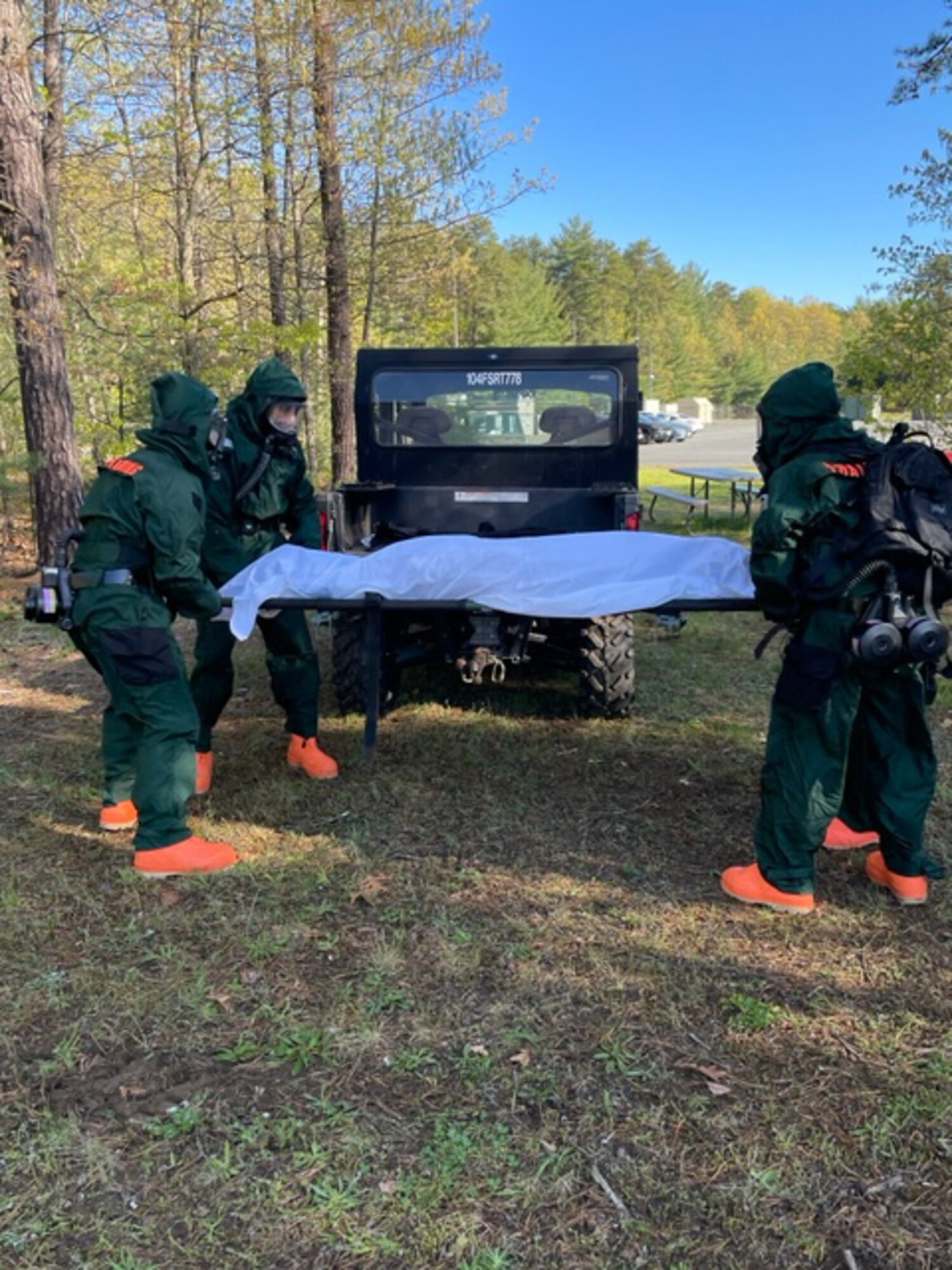 Members of the 104th Force Support Squadron fatality search and recovery team perform training during an exercise May 2021, at Barnes Air National Guard Base, Massachusetts. The FSRT trains to respond to various Chemical, Biological, Radiological, Nuclear, or non-CBRN incidents. (U.S. Air National Guard courtesy photos)