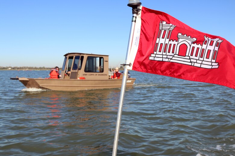 A pair of U.S. Army Corps of Engineers survey vessels make their way to Crab Bank