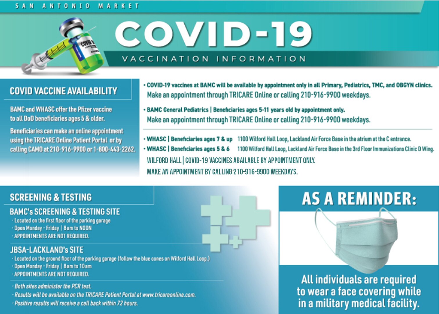 Holiday COVID-19 screening/testing hours for Joint Base San Antonio.