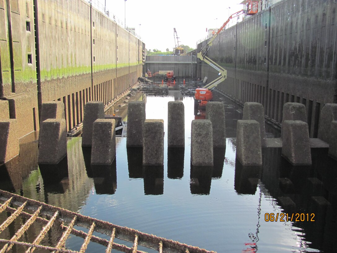 The St. Lucie Lock was last closed and dewatered for maintenance repairs in 2012. 
(USACE Jacksonville District photo from a 2012 maintenance repair project at the St. Lucie Lock in 2012)