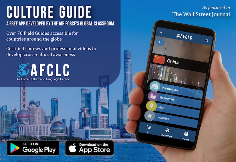 AFCLC’s Culture Guide app is available to all military service members and civilians through the App Store and Google Play, and it is safe for Department of Defense mobile devices. More than 20,000 individuals are already utilizing the app, and for those individuals, an update is now available.
