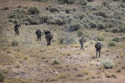 Soldiers tactical file through desert terrain