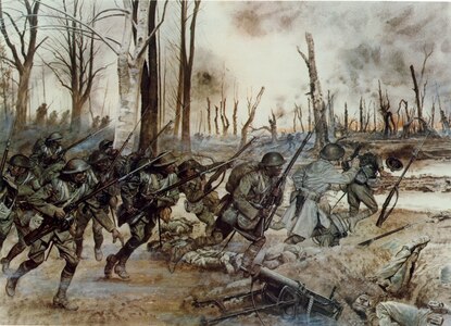 In this National Guard historic painting by H. Charles McBarron, Soldiers of the 369th Infantry Regiment, the Harlem Hellfighters, go into action near  Sechault, France, on Sept. 29, 1918, during the Meuse-Argonne offensive. Originally the 15th New York from Harlem, the center of African American culture in the early 20th century, the  unit earned the nickname Hellfighters from its German enemies. While the nickname has been used for more than 100 years – currently by the 369th Sustainment Brigade – it was only officially recognized by the Army in September 2020.