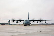 A Lockheed C-130 Hercules lands on Marine Corps Air Station New River, North Carolina, Jan. 26, 2020. MCAS New River provided training for Marines to unload M142 High Mobility Artillery Rocket Systems. (U.S. Marine Corps photo by Cpl. Ginnie Lee)