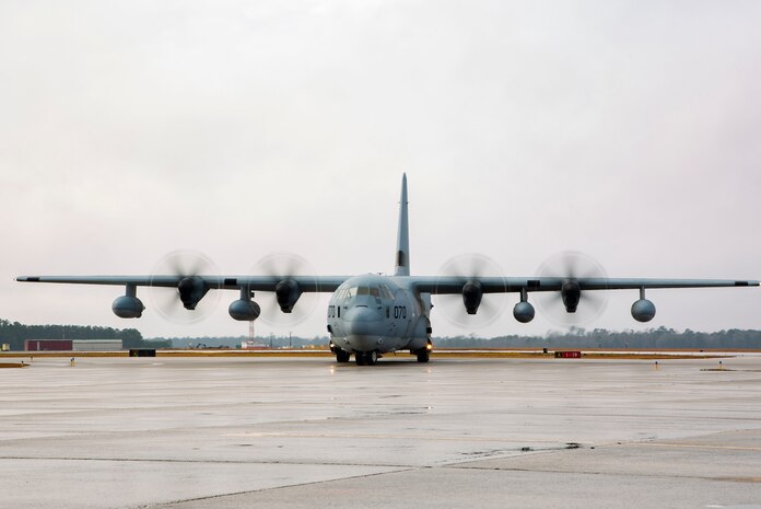 A Lockheed C-130 Hercules lands on Marine Corps Air Station New River, North Carolina, Jan. 26, 2020. MCAS New River provided training for Marines to unload M142 High Mobility Artillery Rocket Systems. (U.S. Marine Corps photo by Cpl. Ginnie Lee)