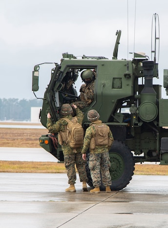 U.S. Marines conduct training on a M142 High Mobility Artillery Rocket System on Marine Corps Air Station New River, North Carolina, Jan. 26, 2020. MCAS New River provided training that included unloading M142 HIMARS from a Lockhead C-130 Hercules. (U.S. Marine Corps photo by Cpl. Ginnie Lee)