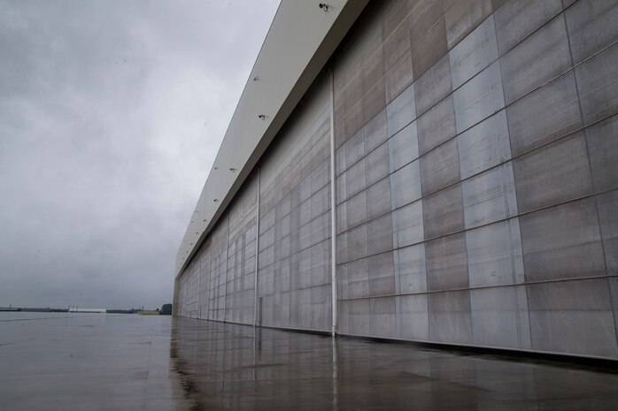 View of MV-22B Osprey aircraft hangar after Hurricane Dorian on Marine Corps Air Station New River, North Carolina, Sept. 6, 2019. U.S. Marines work to recover MCAS New River to normal operational status after Hurricane Dorian. (U.S. Marine Corps Photo by Lance Cpl. Isaiah Gomez)