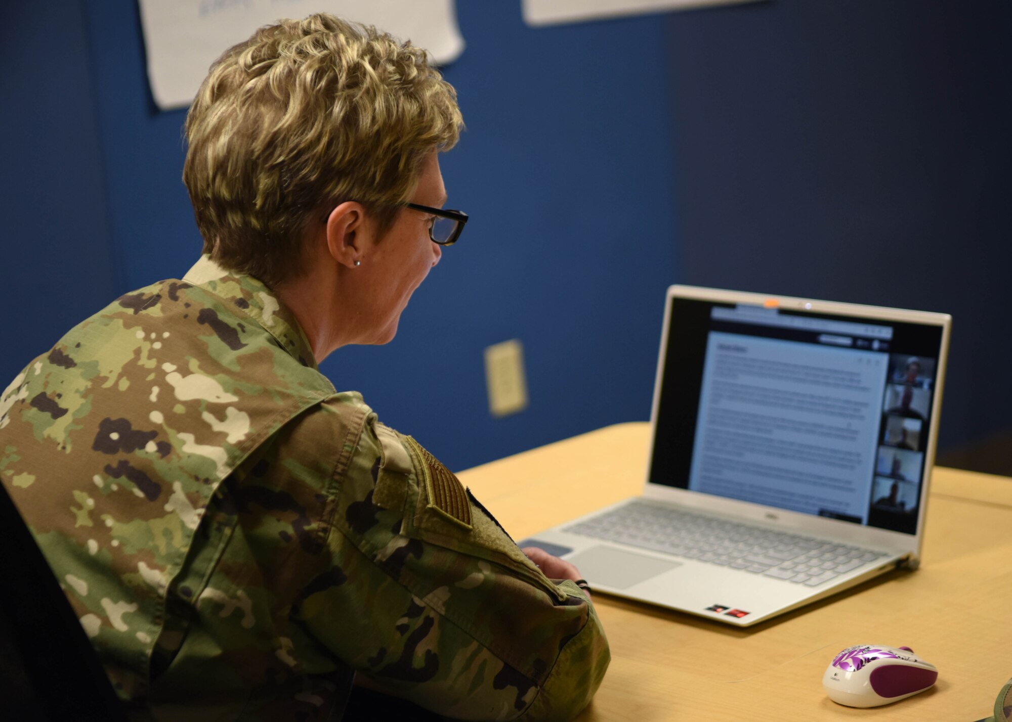 U.S. Air Force Maj. Gen. Leah Lauderback, director of Intelligence, Surveillance, and Reconnaissance, U.S. Space Force, participates in a virtual classroom at the 316th Training Squadron dormitory on Goodfellow Air Force Base, Texas, Jan. 26, 2021. Lauderback visited Goodfellow to interact with ISR professionals and learn how their training had evolved due to COVID. (U.S. Air Force photo by Airman 1st Class Ethan Sherwood)