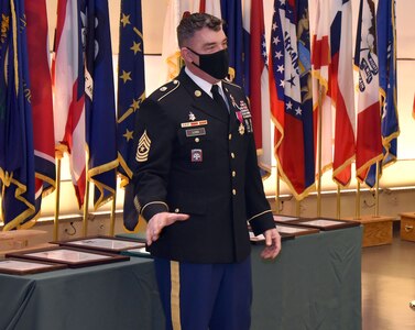 Sgt. Maj. Corey A. Lord speaks during his retirement ceremony on Jan. 29 at Fort Detrick, Maryland. Lord retires after 30 years of service to the U.S. Army, including his final stints with Army Medical Logistics Command and the U.S. Army Medical Materiel Agency.