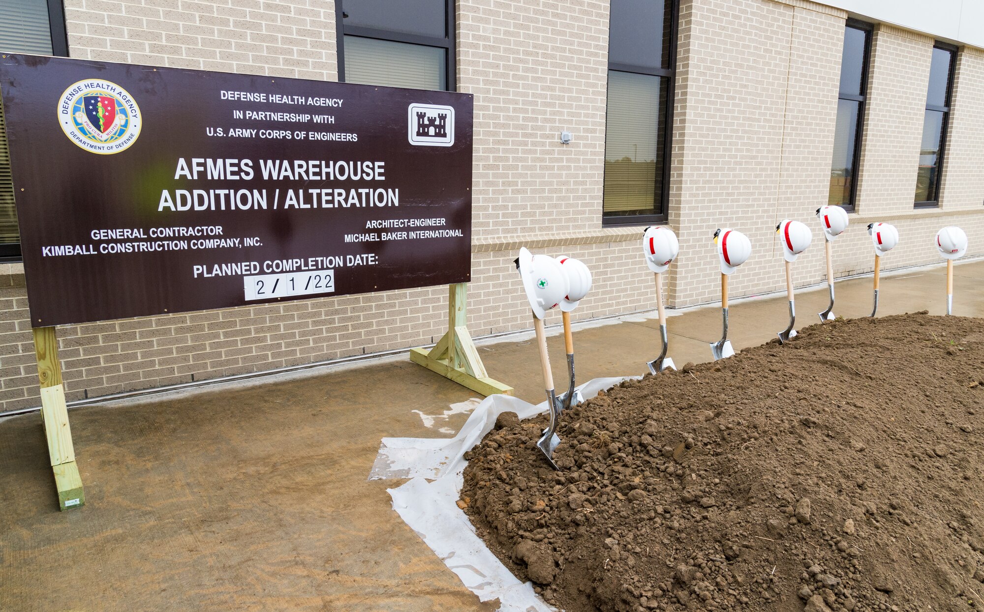 The Armed Forces Medical Examiner System held a groundbreaking ceremony for a warehouse addition and alteration to the existing AFMES building at Dover Air Force Base, Delaware, Jan. 26, 2021. The 2,500-square-foot warehouse addition will increase AFMES’ storage capabilities and the renovation of the existing 3,300-square-foot logistics general storage warehouse will offer increased functionality. (U.S. Air Force photo by Roland Balik)