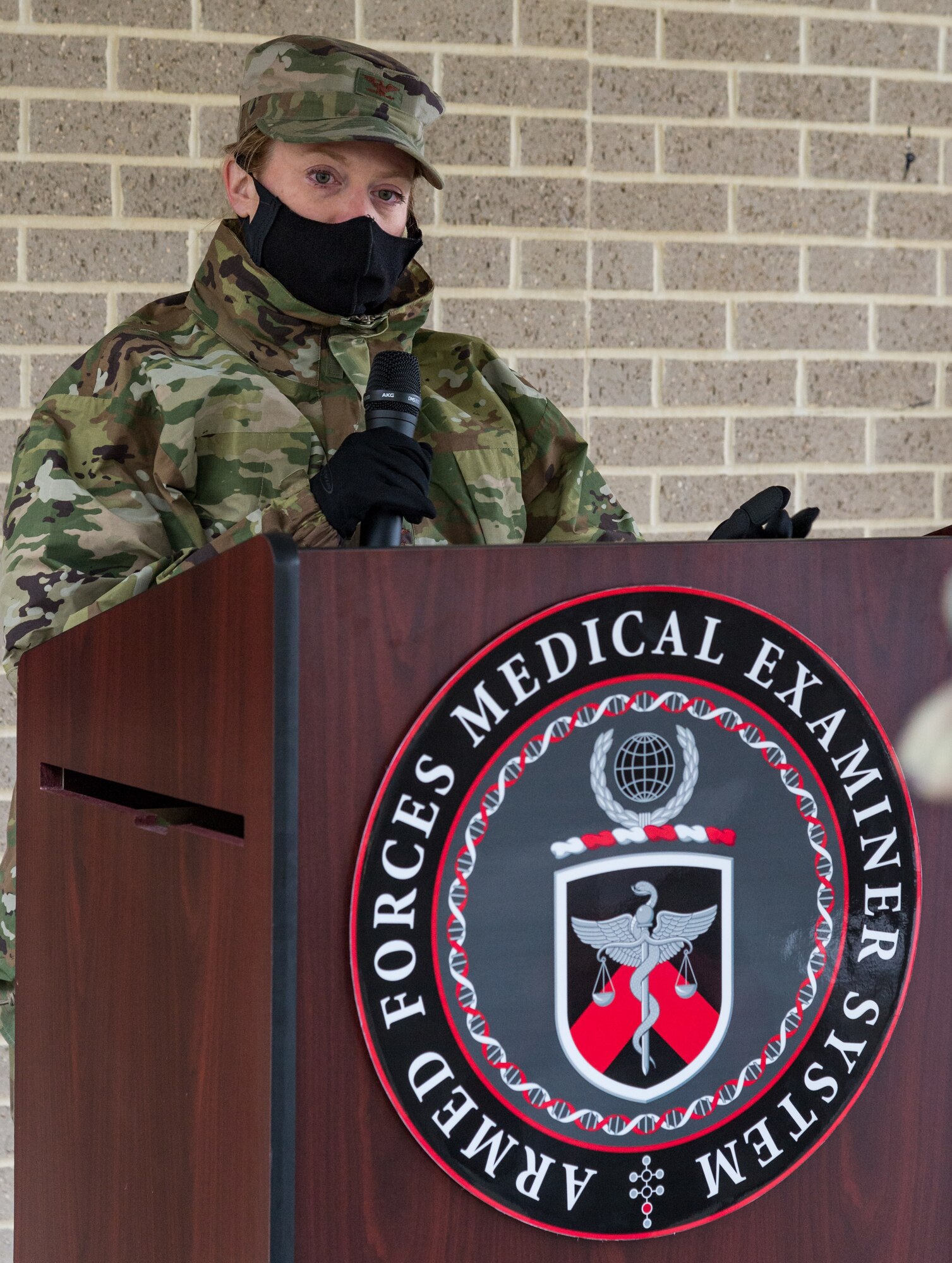 Col. Alice Briones, Armed Forces Medical Examiner System director, delivers remarks during a groundbreaking ceremony held for a new warehouse addition and alteration to the existing AFMES building at Dover Air Force Base, Delaware, Jan. 26, 2021. The 2,500-square-foot warehouse addition will increase AFMES’ storage capabilities and the renovation of the existing 3,300-square-foot logistics general storage warehouse will offer increased functionality. (U.S. Air Force photo by Roland Balik)
