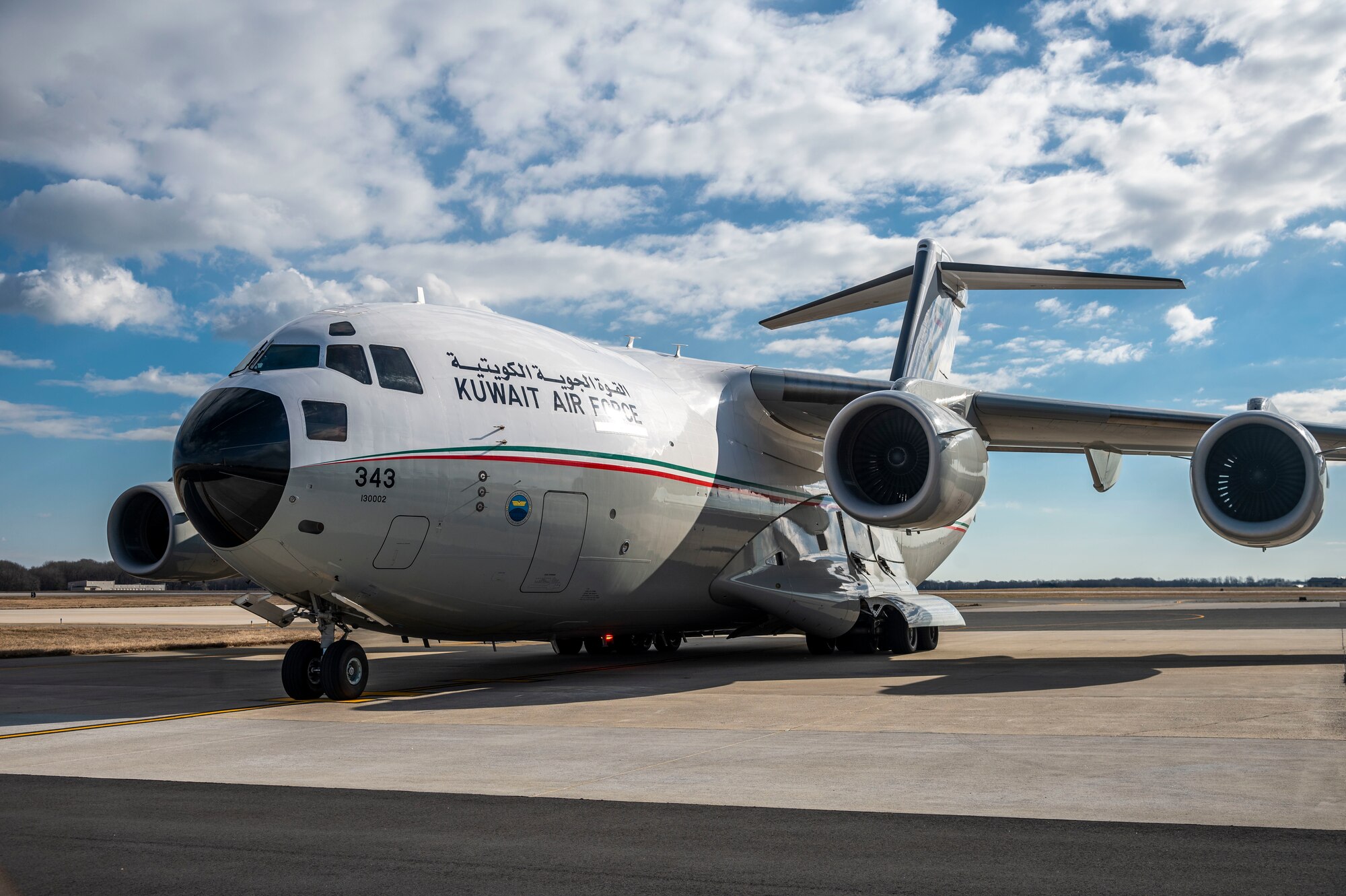 A Kuwait air force C-17 Globemaster III taxis on the flight line at Dover Air Force Base, Delaware, Jan. 22, 2021. This year, the U.S. and Kuwait celebrate the 30th anniversary of Operation Desert Storm, which serves as a key milestone in U.S.-Kuwaiti cooperation and helped cement Kuwait’s role as a regional leader in the promotion of peace and security. Due to its strategic geographic location, Dover AFB supports approximately $3.5 billion worth of foreign military sales operations annually. (U.S. Air Force photo by Senior Airman Christopher Quail)