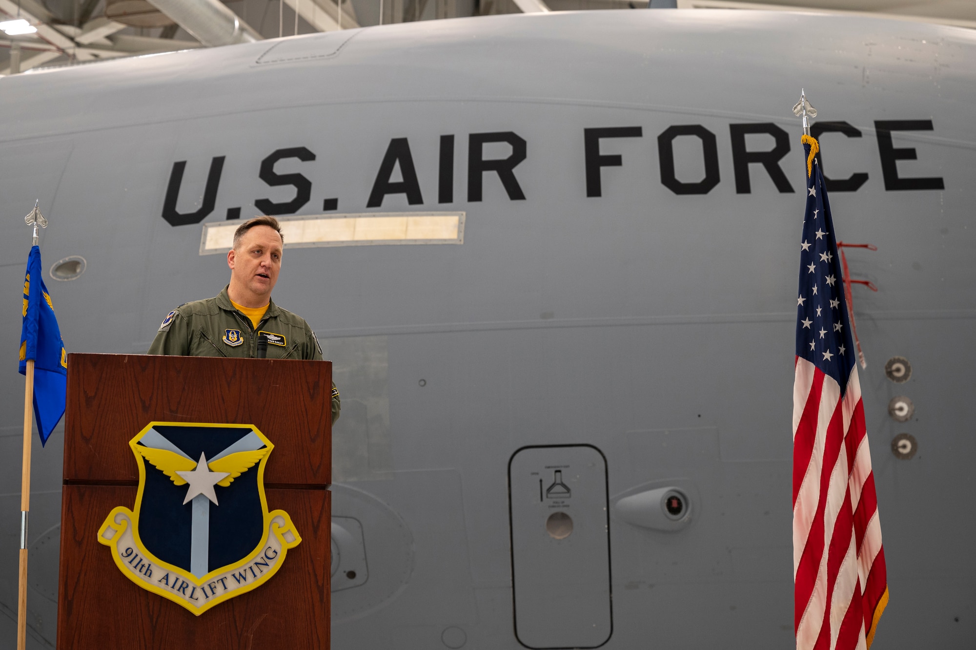 Lt. Col. Bryan Bailey, 911th Operations Group commander, speaks during his assumption of command at the Pittsburgh International Airport Air Reserve Station, Pennsylvania, Jan. 10, 2021.