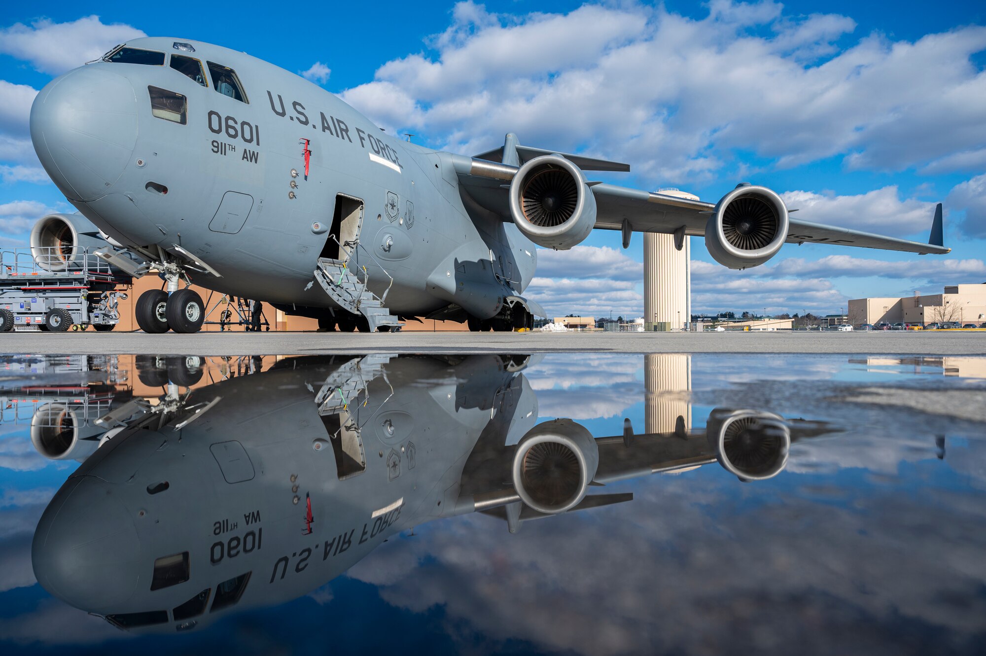A C-17 Globemaster III assigned to the 911th Airlift Wing sits on the flight line at the Pittsburgh International Airport Air Reserve Station, Pennsylvania, Dec 29, 2020.
