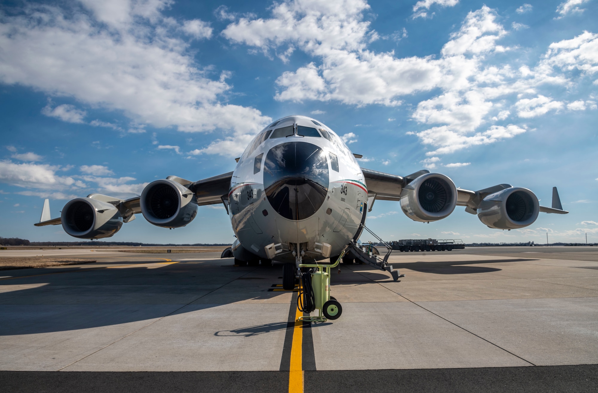 A Kuwait air force C-17 Globemaster III sits on the flight line following the completion of a foreign military sales mission at Dover Air Force Base, Delaware, Jan. 22, 2021. This year, the U.S. and Kuwait celebrate the 30th anniversary of Operation Desert Storm, which serves as a key milestone in U.S.-Kuwaiti cooperation and helped cement Kuwait’s role as a regional leader in the promotion of peace and security. Due to its strategic geographic location, Dover AFB supports approximately $3.5 billion worth of foreign military sales operations annually. (U.S. Air Force photo by Senior Airman Christopher Quail)