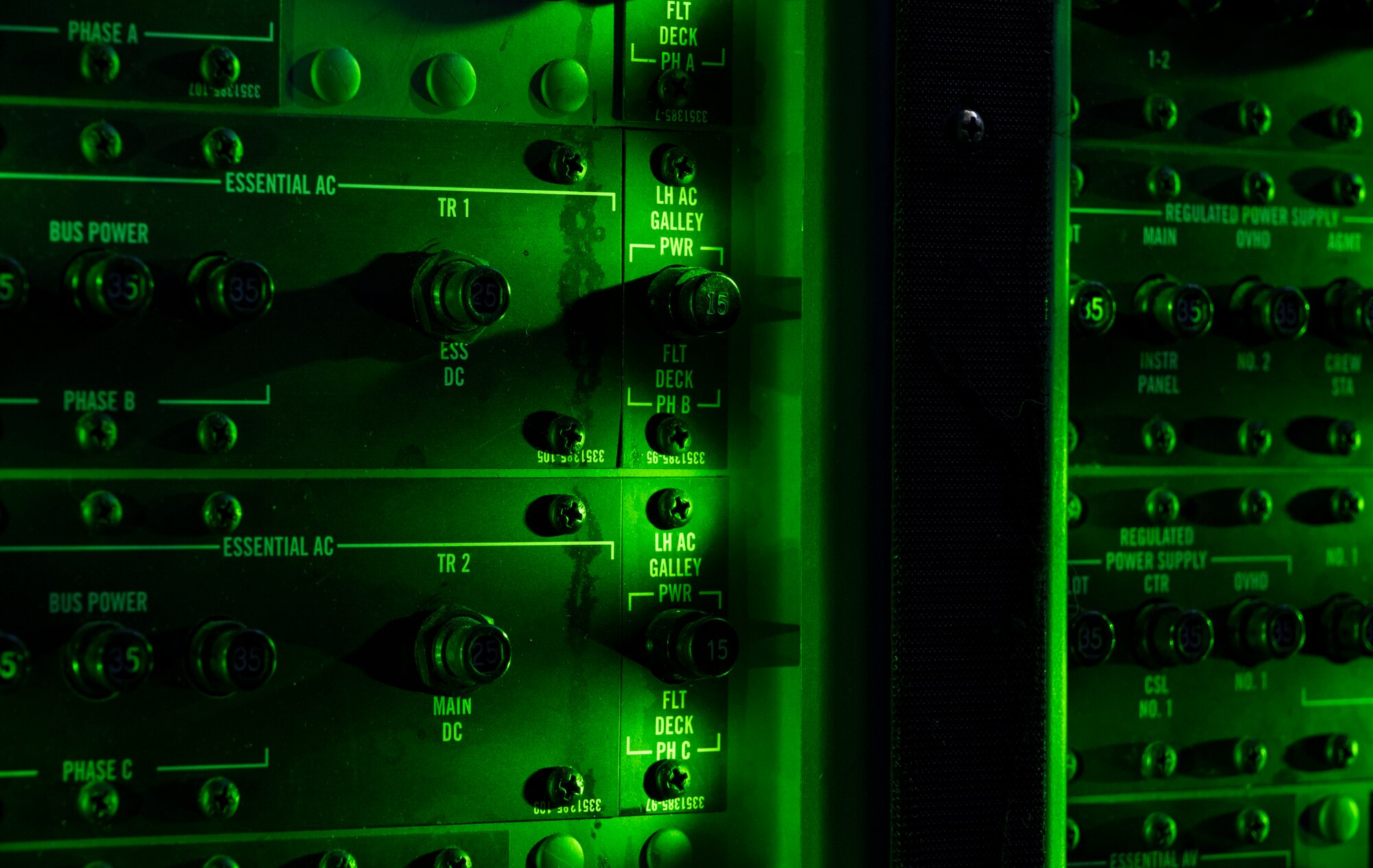 A pilot side circuit breaker panel lights up on a C-130J Super Hercules assigned to the 36th Airlift Squadron, at Yokota Air Base, Japan, Jan. 22, 2021