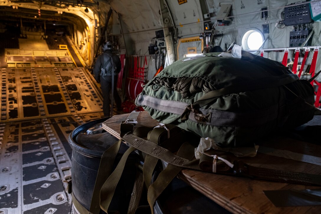 A container delivery system prepares to be air dropped from a C-130J Super Hercules assigned to the 36th Airlift Squadron, near Combined Arms Training Center Camp Fuji, Japan, Jan. 22, 2021.