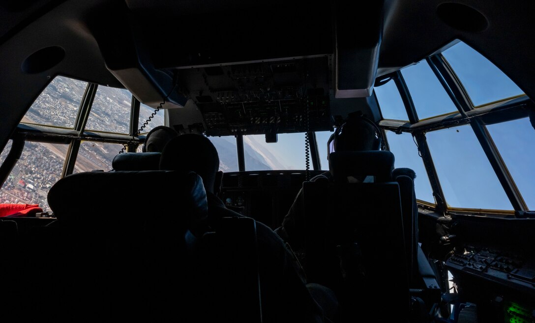 C-130J Super Hercules pilots assigned to the 36th Airlift Wing fly over the Kanto Plains, Japan, Jan. 22, 2021. The 36th AS conducted an aerial resupply of high velocity container delivery systems