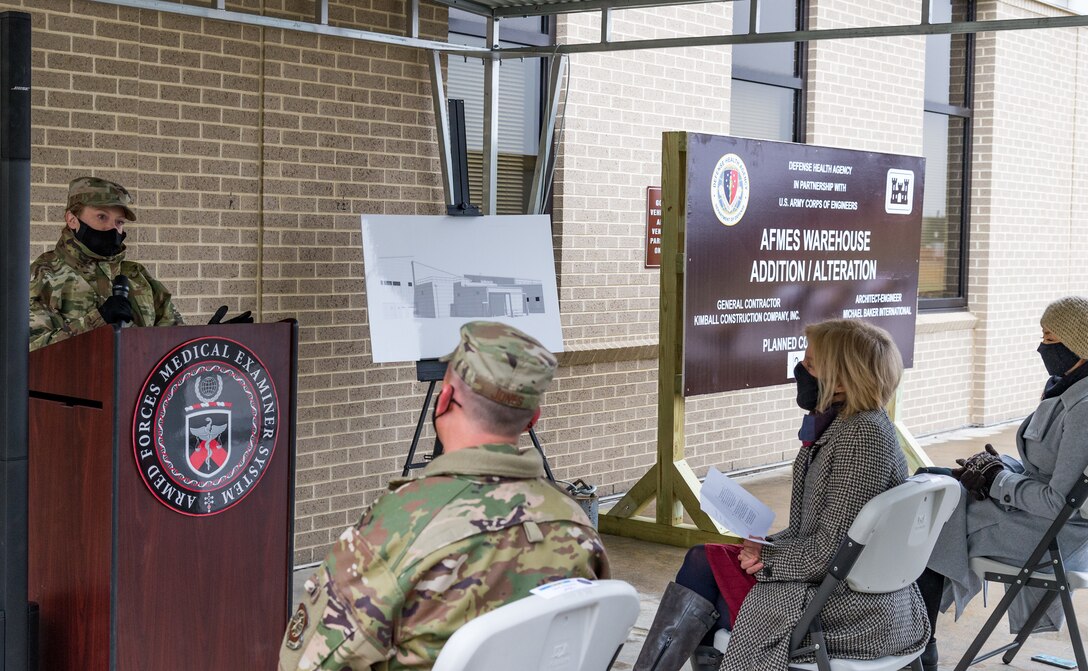 Col. Alice Briones, Armed Force Medical Examiner System director, delivers remarks during a groundbreaking ceremony held for a new warehouse addition and alteration to the existing AFMES building at Dover Air Force Base, Delaware, Jan. 26, 2021. The 2,500-square-foot warehouse addition will increase AFMES’ storage capabilities and the renovation of the existing 3,300-square-foot logistics general storage warehouse will offer increased functionality. (U.S. Air Force photo by Roland Balik)