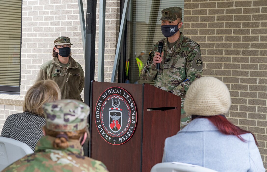 Lt. Col. David Park, U.S. Army Corps of Engineers Philadelphia District commander, delivers remarks during a groundbreaking ceremony held for a new warehouse addition and alteration to the existing Armed Forces Medical Examiner System building at Dover Air Force Base, Delaware, Jan. 26, 2021. The USACE, Philadelphia District, is the design and construction agent for this project. (U.S. Air Force photo by Roland Balik)