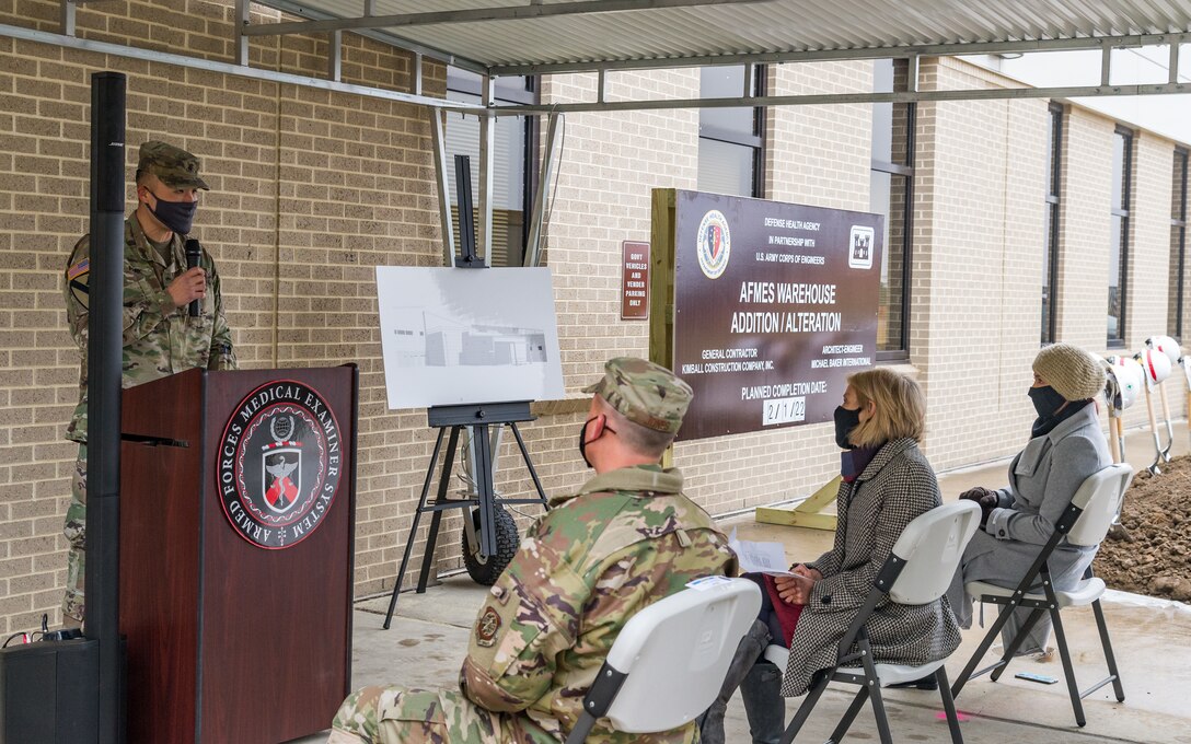 Lt. Col. David Park, U.S. Army Corps of Engineers Philadelphia District commander, delivers remarks during a groundbreaking ceremony held for a new warehouse addition and alteration to the existing Armed Forces Medical Examiner System building at Dover Air Force Base, Delaware, Jan. 26, 2021. USACE, Philadelphia District, is the design and construction agent for this project. (U.S. Air Force photo by Roland Balik)