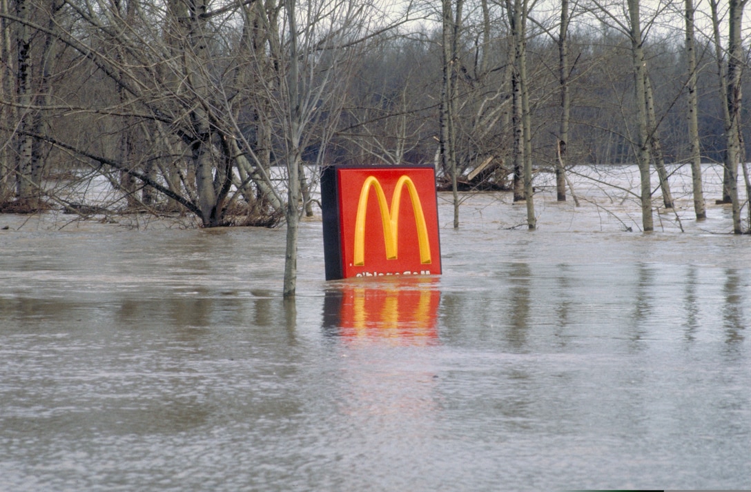 A McDonalds sign shows the magnitude of the flooding in some parts of Oregon during the Flood of 1996.