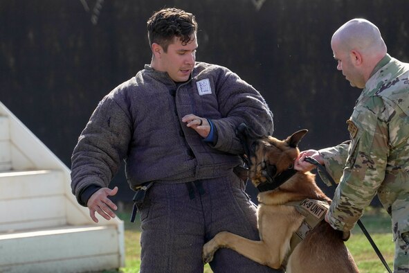 15th Wing Leadership conclude their tour of the 647th Security Forces kennel with a photo with Airmen and Sailors from the 647th Security Forces Squadron after a K-9 obedience and bite demonstration at Joint Base Pearl Harbor-Hickam, Hawaii, Jan. 14, 2021. The demonstration highlighted the military working dogs’ capabilities and the importance of dog handlers and dogs to base security. (U.S. Air Force photo by Airman 1st Class Makensie Cooper)