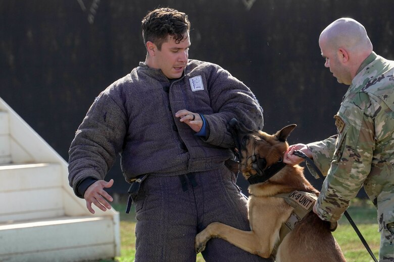 Staff Sgt. Michael Alcala and Staff Sgt. Dakota Hood, 647th Security Forces Squadron military working dog handlers, along with Joker, 647th SFS military working dog, participate in a K-9 demonstration at Joint Base Pearl Harbor Hickam, Hawaii, Jan. 14, 2021. Military working dogs as well as their handlers go through extensive training to be able to work together to complete the mission. (U.S. Air Force photo by Airman 1st Class Makensie Cooper)