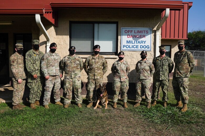 15th Wing Leadership conclude their tour of the 647th Security Forces kennel with a photo with Airmen and Sailors from the 647th Security Forces Squadron after a K-9 obedience and bite demonstration at Joint Base Pearl Harbor-Hickam, Hawaii, Jan. 14, 2021. The demonstration highlighted the military working dogs’ capabilities and the importance of dog handlers and dogs to base security. (U.S. Air Force photo by Airman 1st Class Makensie Cooper)