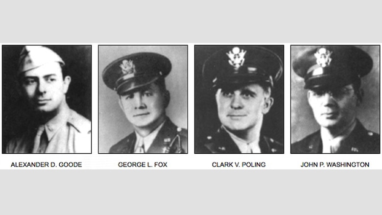 Shown are the official photos of the U.S. Army chaplains, Lt. George Fox, a Methodist minister; Lt. Alexander Goode, a Jewish rabbi; Lt. John Washington, a Roman Catholic priest; and Lt. Clark Poling, a Dutch Reformed minister. All four perished with the sinking of the SS Dorchester (SC-290583) after being struck by a German torpedo, Feb. 3, 1943. In 1988, Congress honored them by establishing Feb. 3 as Four Chaplains Day. (Courtesy photo)