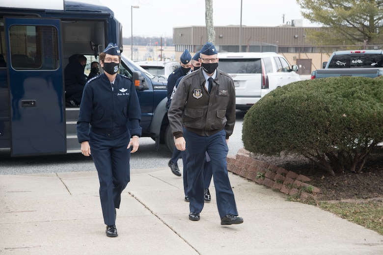 Gen. Jacqueline Van Ovost, Air Mobility Command commander, is escorted by Col. Greg Buchanan, 459th Air Refueling Wing commander, on her way to visit the 459th ARW at Joint Base Andrews, Md., Jan. 25, 2021. Van Ovost met with members of wing leadership to talk about wing's mission, issues and accomplishments as part of her visit to Joint Base Andrews.