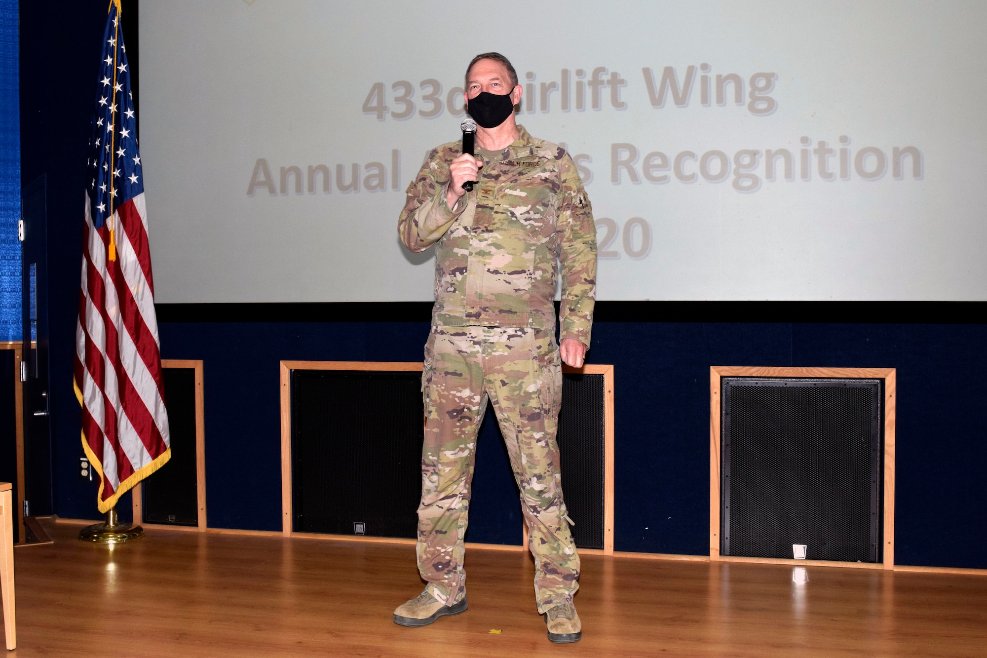 Col. Terry W. McClain, 433rd Airlift Wing commander, speaks at the wing’s annual award winner recognition ceremony Jan. 30, 2021 at Joint Base San Antonio-Lackland, Texas. The ceremony was livestreamed using multiple platforms to allow a remote audience facilitating social distancing. (U.S. Air Force photo by Airman 1st Class Brittany K. Wich)