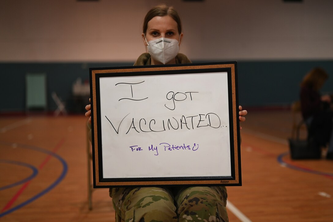 U.S. Air Force Maj. Rebecca Slogic, 86th Healthcare Operations Squadron pediatrician, states her reason for getting the COVID-19 vaccine.