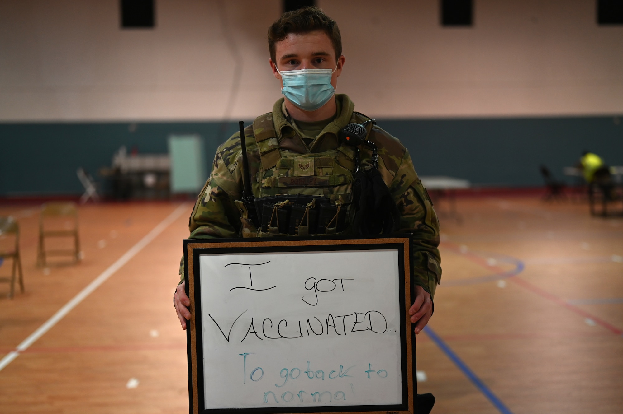 U.S. Air Force Senior Airman Jacob Barkley, 86th Security Force Squadron patrolman, states his reason for getting the COVID-19 vaccine.
