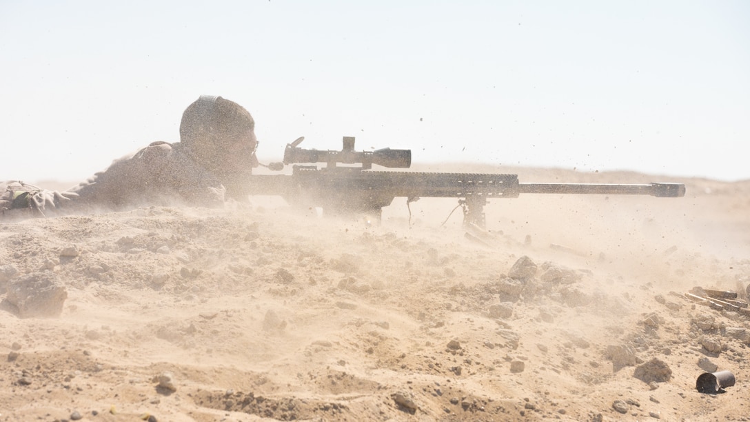 A U.S. Marine fires an M107 Special Applications Scoped Rifle during a combined precision marksmanship range in the United Arab Emirates, Jan. 15.