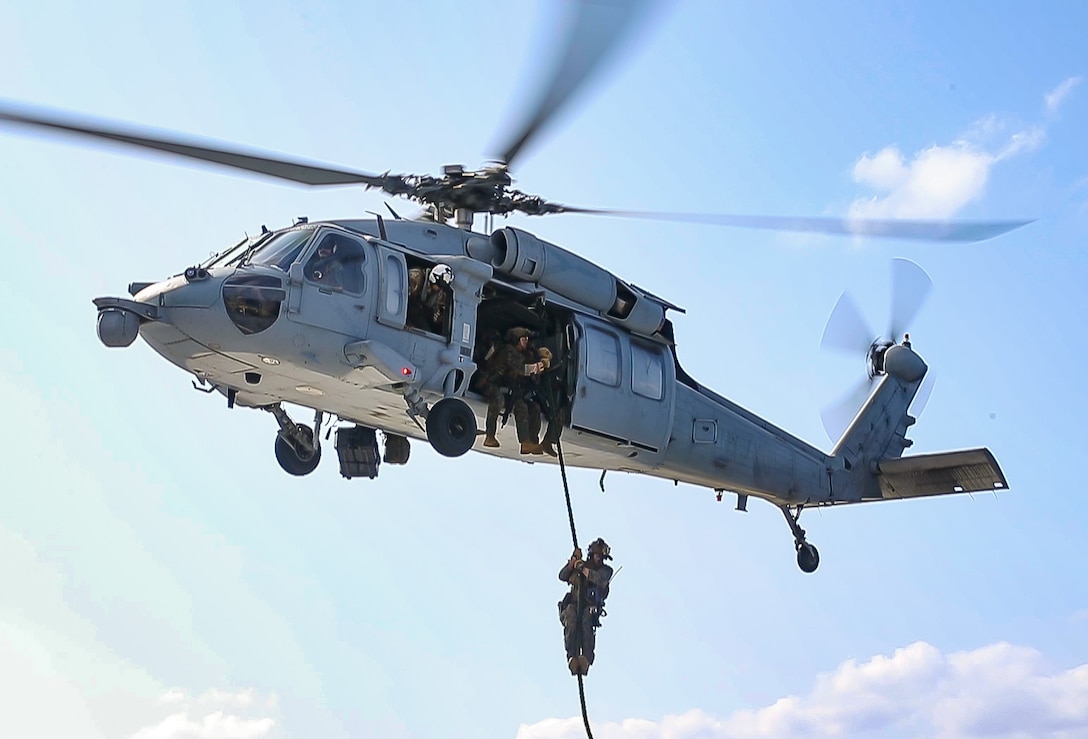 U.S. Marines fast rope out of an MH-60 Sea Hawk Helicopter aboard dock landing ship USS Ashland (LSD 48), Jan. 24.