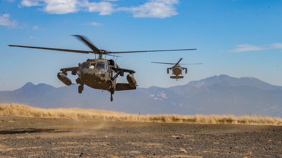 U.S. Army UH-60 Black Hawk Helicopters transport Marines at Combined Arms Training Center, Japan, Jan. 21.