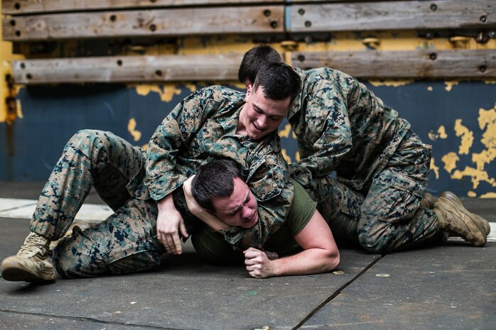 U.S. Marines conduct riot control training aboard dock landing ship USS Ashland (LSD 48), Jan. 25.