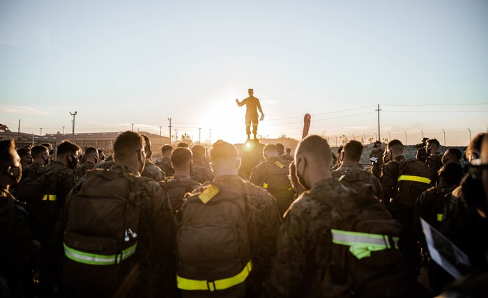 A U.S. Marine gives a brief prior to beginning the Amphibious Combat Endurance Test on Marine Corps Base Camp Pendleton, Calif. Jan. 15.