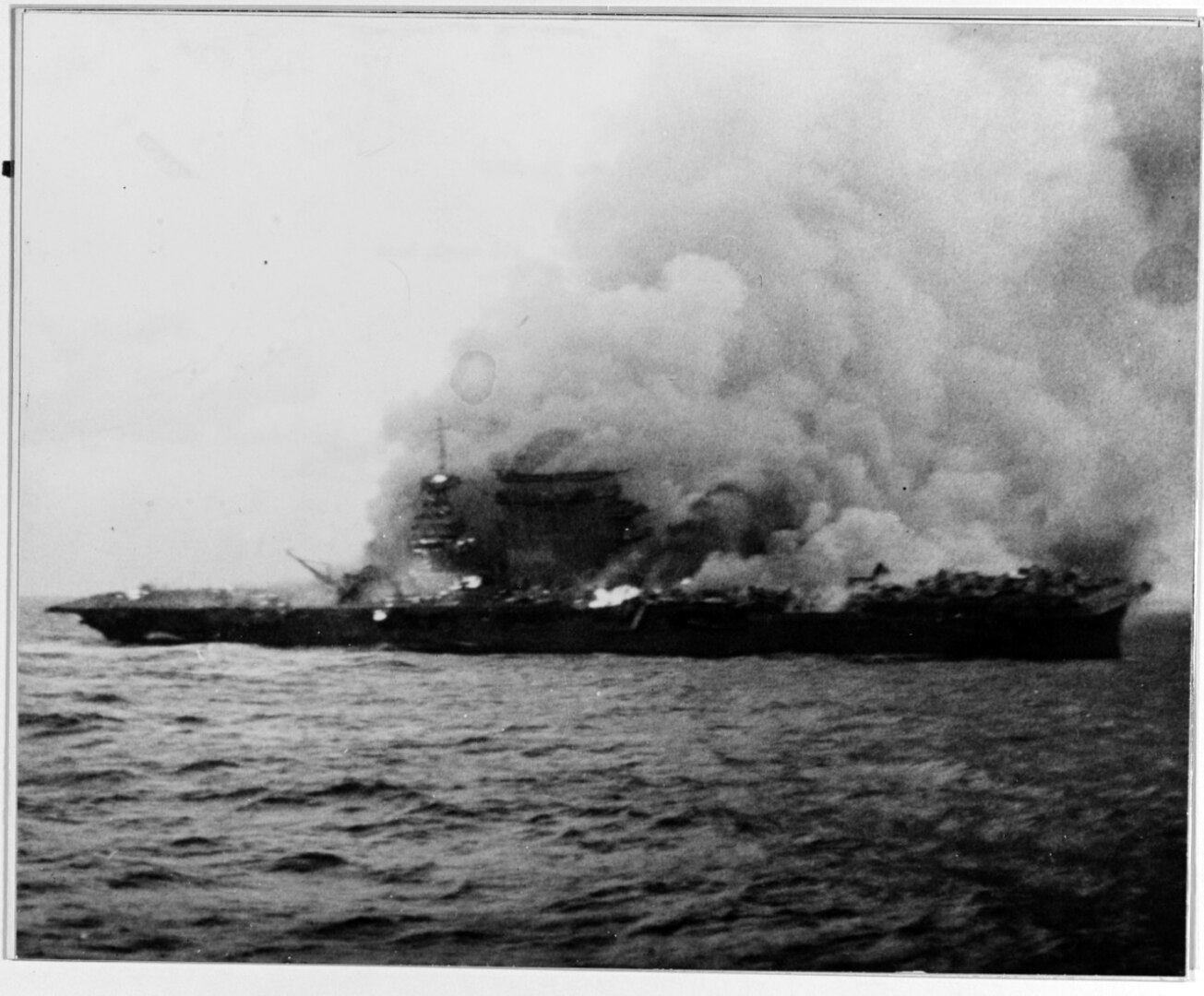 The burning and sinking of the USS Lexington (CV-2) after her crew abandoned ship during the Battle of Coral Sea.