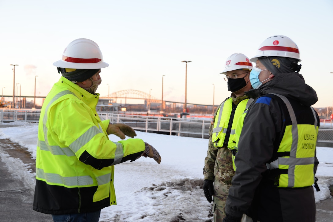 Maj. General William Graham, Deputy Commanding General U.S. Army Corps of Engineers visits the Soo Locks on February 2, 2021 in Sault Ste. Marie, Michigan. The first day of the visit consisted of briefings and a site overview of the dewatered Poe Lock. (U.S. Army photo by Carrie D. Fox)