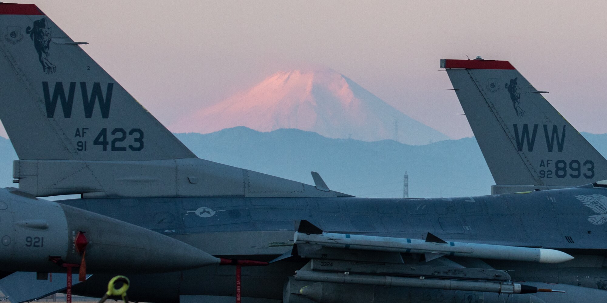 Two F-16 wings frame Mt. Fuji in the background.