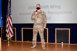 Col. Terry W. McClain, 433rd Airlift Wing commander, speaks at the wing’s annual award winner recognition ceremony Jan. 30, 2021 at Joint Base San Antonio-Lackland, Texas. The ceremony was livestreamed using multiple platforms to allow a remote audience facilitating social distancing. (U.S. Air Force photo by Airman 1st Class Brittany K. Wich)