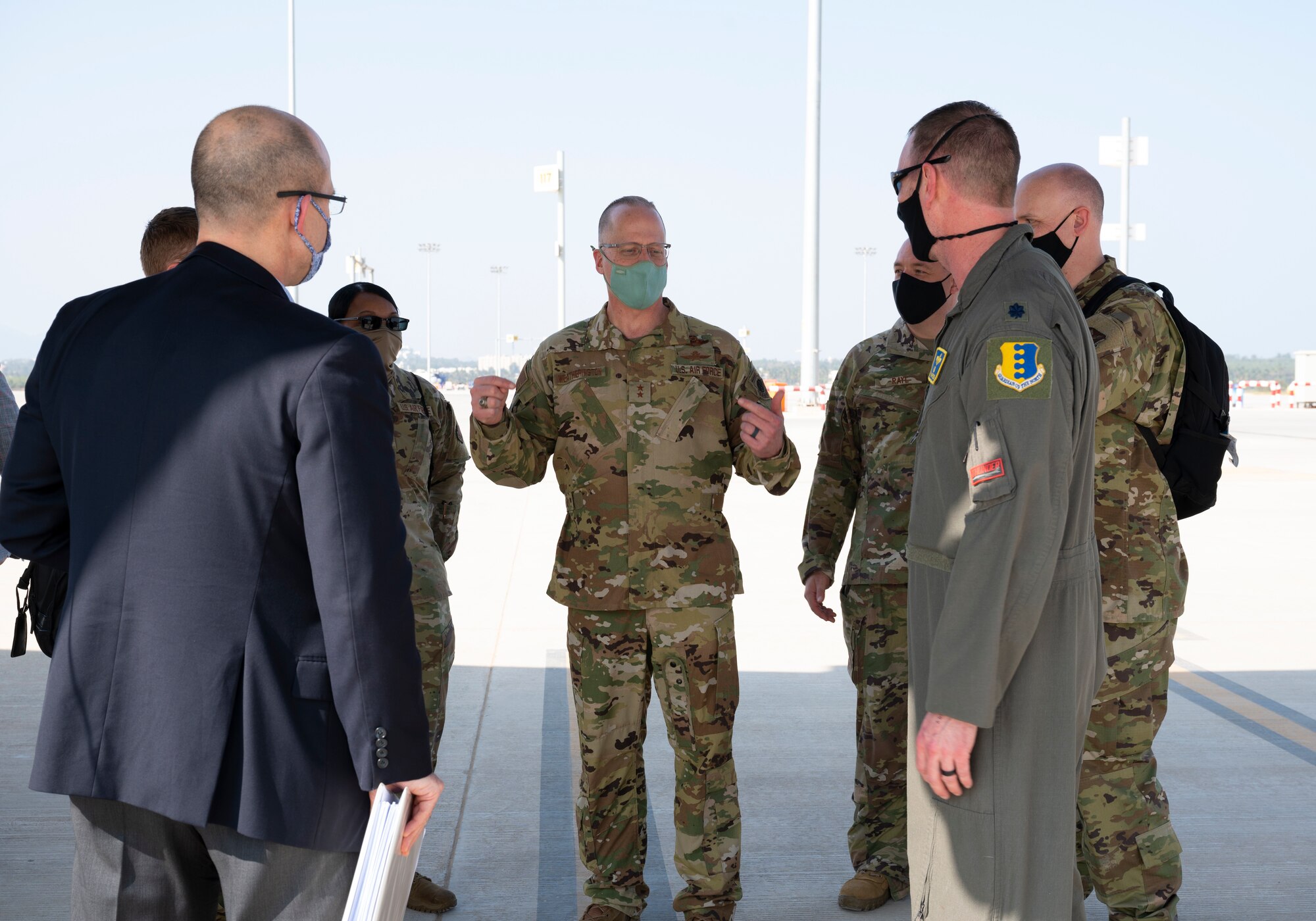 Maj. Gen. Mark Weatherington, the Eighth Air Force commander, speaks about the historic significance of the B-1B Lancer’s 26-hour journey to India at Kempegowda International Airport in Bengaluru, India, Feb. 1, 2021. This deployment marks the first time in approximately 75 years that U.S. bomber aircraft will land and operate in India. (U.S. Air Force photo by Senior Airman Christina Bennett)