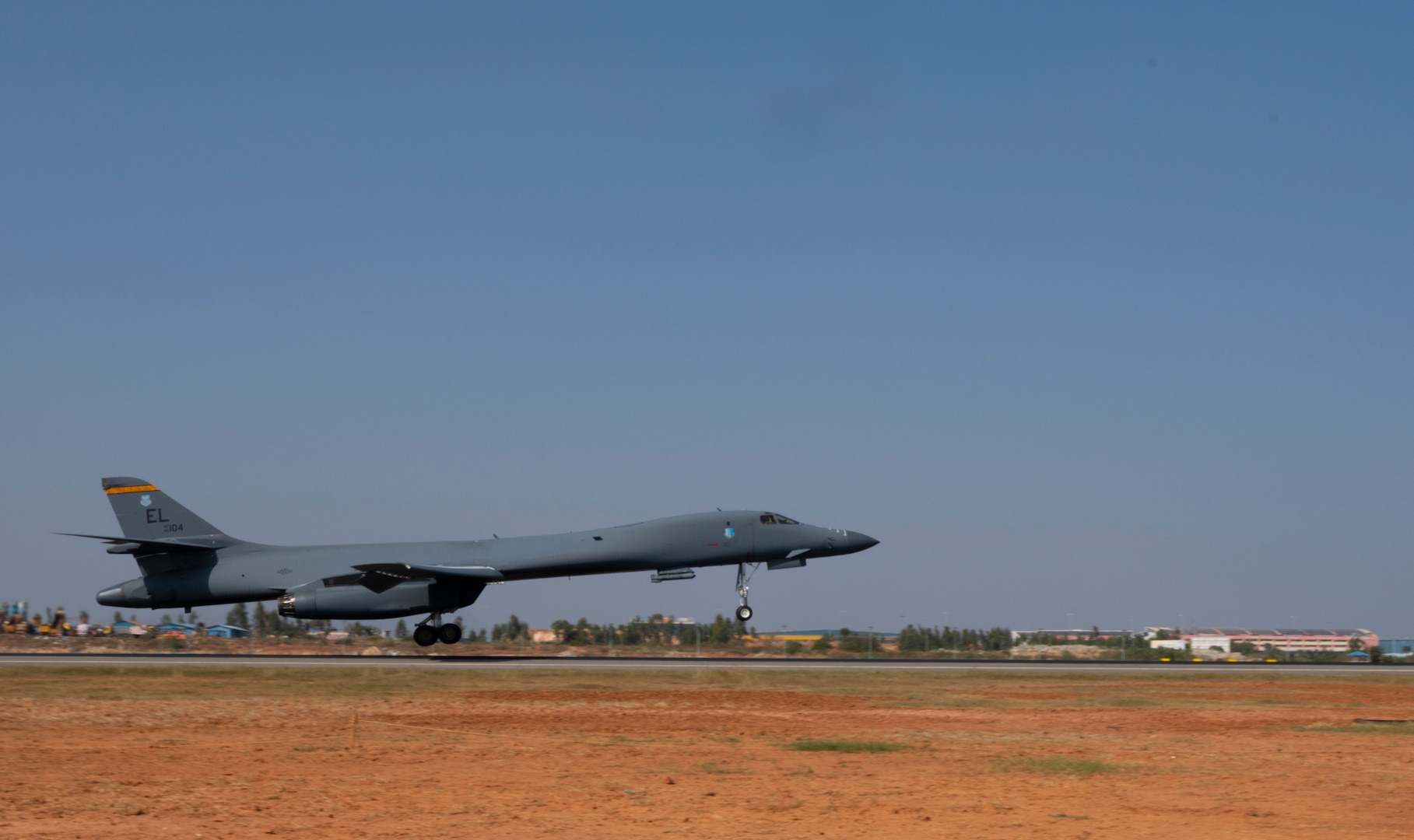 A B-1B Lancer assigned to the 34th Expeditionary Bomb Squadron, Ellsworth Air Force Base, S.D., lands at Kempegowda International Airport in Bengaluru, India, following a 26-hour sortie, Feb. 1, 2021. The B-1 is a multi-role, long-range bomber capable of carrying the largest conventional payload of both guided and unguided weapons in the U.S. Air Force inventory. (U.S. Air Force photo by Senior Airman Christina Bennett)