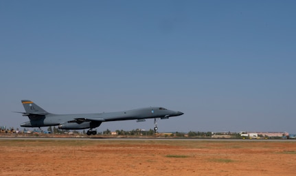 A B-1B Lancer assigned to the 34th Expeditionary Bomb Squadron, Ellsworth Air Force Base, S.D., lands at Kempegowda International Airport in Bengaluru, India, following a 26-hour sortie, Feb. 1, 2021. The B-1 is a multi-role, long-range bomber capable of carrying the largest conventional payload of both guided and unguided weapons in the U.S. Air Force inventory. (U.S. Air Force photo by Senior Airman Christina Bennett)